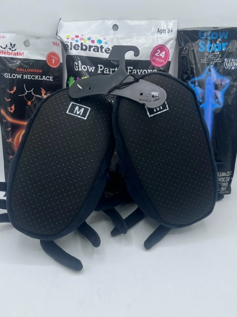 Celebrate Halloween Kids Black Spider Critter Slippers M (11-12) & Glow Toy Lot